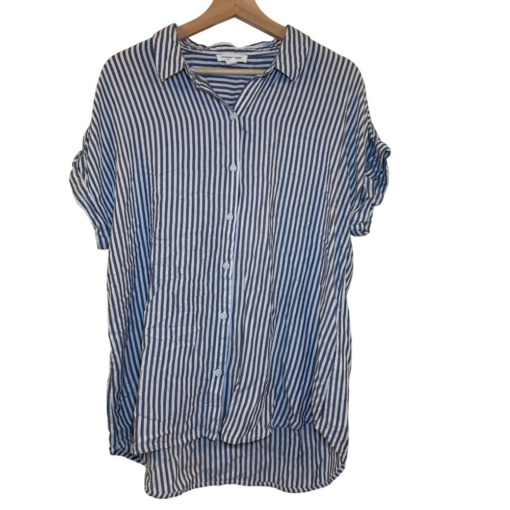 Beachlunchlounge Navy White Striped Button Down‎ Shirt Large Beach Short Sleeve